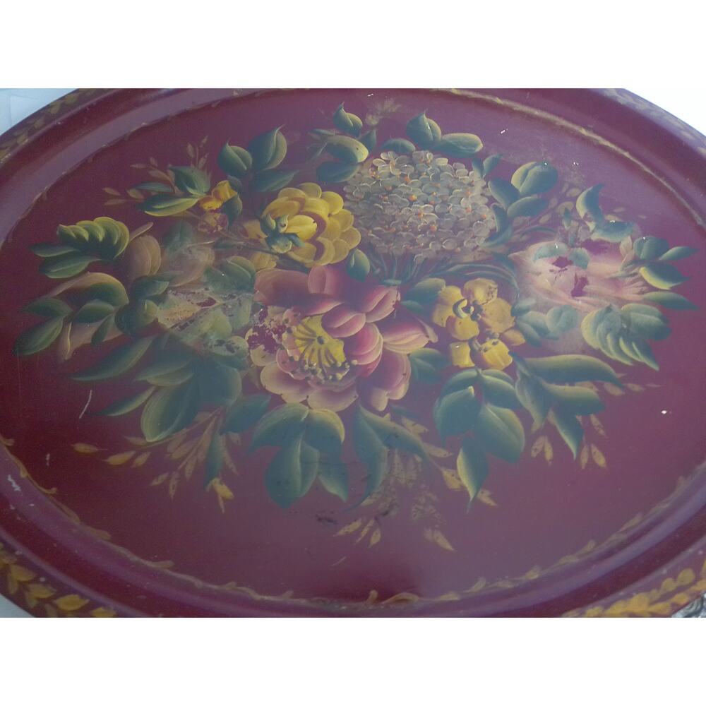 Vintage Toleware Floral Tray Cottagecore Decor Shabby Chic Large Metal Tray - Picture 5 of 9